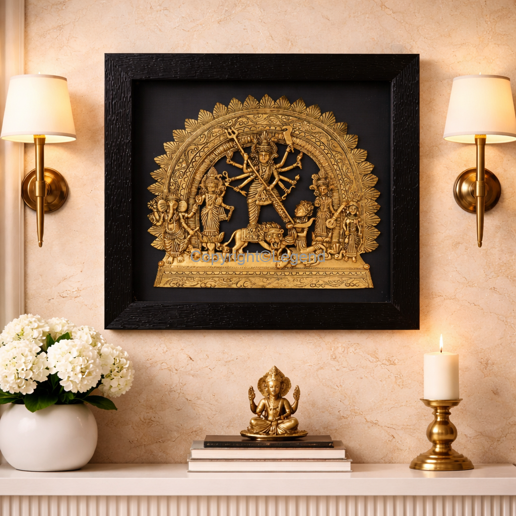 DSC_2222 Durga Ma (Framed) – Dokra style made of Marble Dust (small) - Image 1