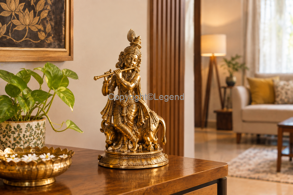 Brass Krishna idol for home décor with traditional furnishings (blog 2)